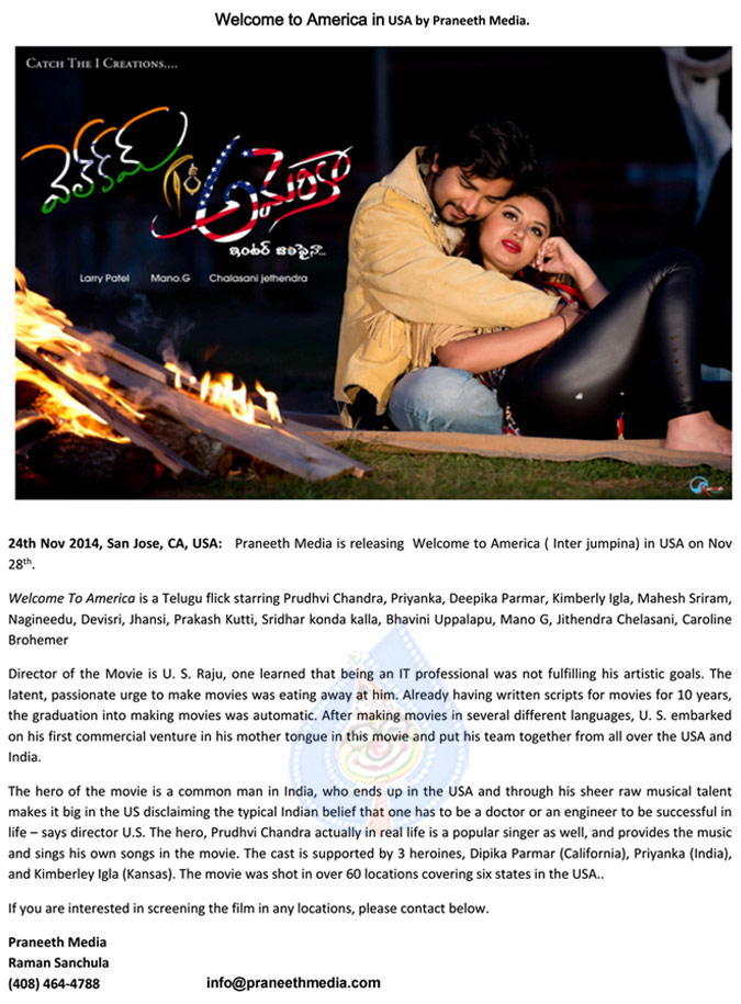 telugu movie welcome to america,welcome to america releasing on 28th nov,welcome to america movie releasing in usa,welcome to america director us raju,welcome to america hero pridhvi chandra,welcome to america audio  telugu movie welcome to america, welcome to america releasing on 28th nov, welcome to america movie releasing in usa, welcome to america director us raju, welcome to america hero pridhvi chandra, welcome to america audio